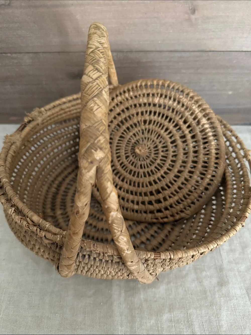 Old Hand Woven Basket with Handle & Lid